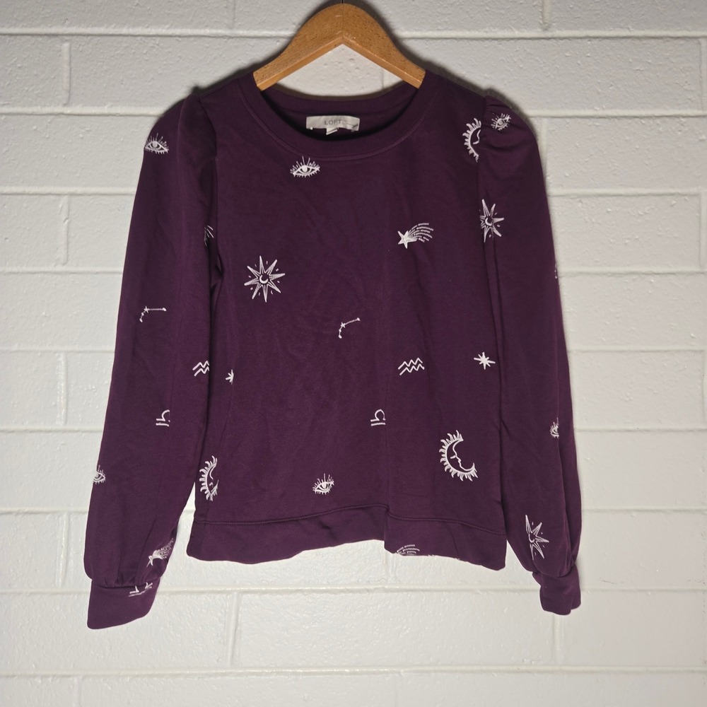 LOFT Sweatshirt Cotton Small Celestial Zodiac Puff Sleeve Purple Whimsigoth Boho